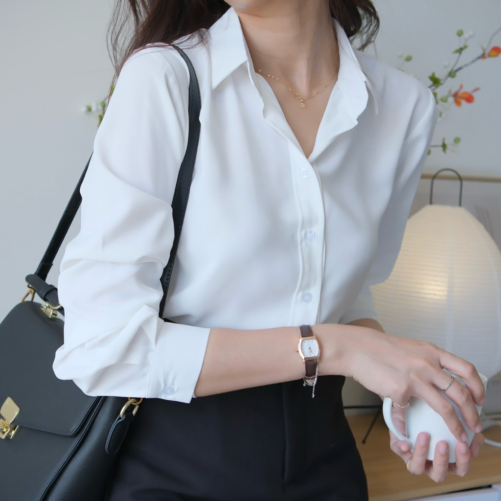 Áo sơ mi nữ màu trắng dài tay form rộng công sở kiểu Hàn Quốc chất mịn AAS441