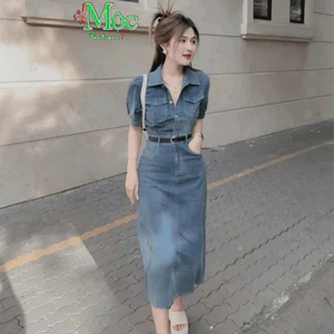 Đầm váy dài, Đầm Jean Quảng Châu nặc hè cài nút có khóa kéo bo chun lưng kèm dây thắt lưng