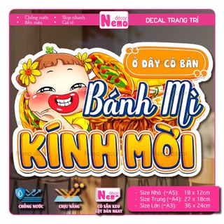 Decal Ở Đây Có Bán Bánh Mì KM, Tranh Dán Tiệm Bánh Mì, Xe Bánh Mì, Dán Tường, Tủ, Kính - Sticker Chịu Được Mưa Nắng.