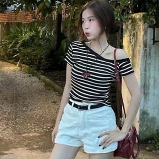 Áo Thun Kẻ Lệch Vai Cộc Tay DÁng Basic