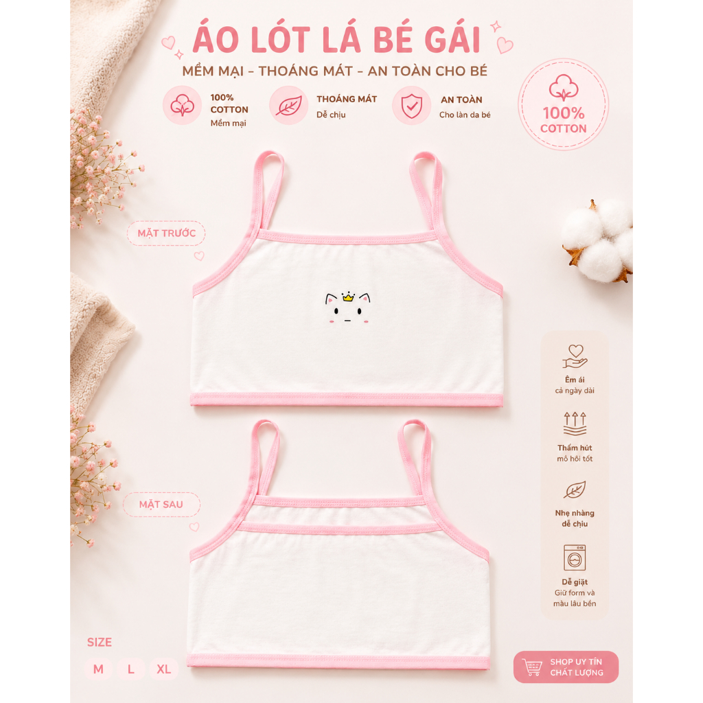 Áo Lá Bé Gái 100% Cotton Mềm Mại Thoáng Mát Dây Hai Quai Cho Bé Size M L XL
