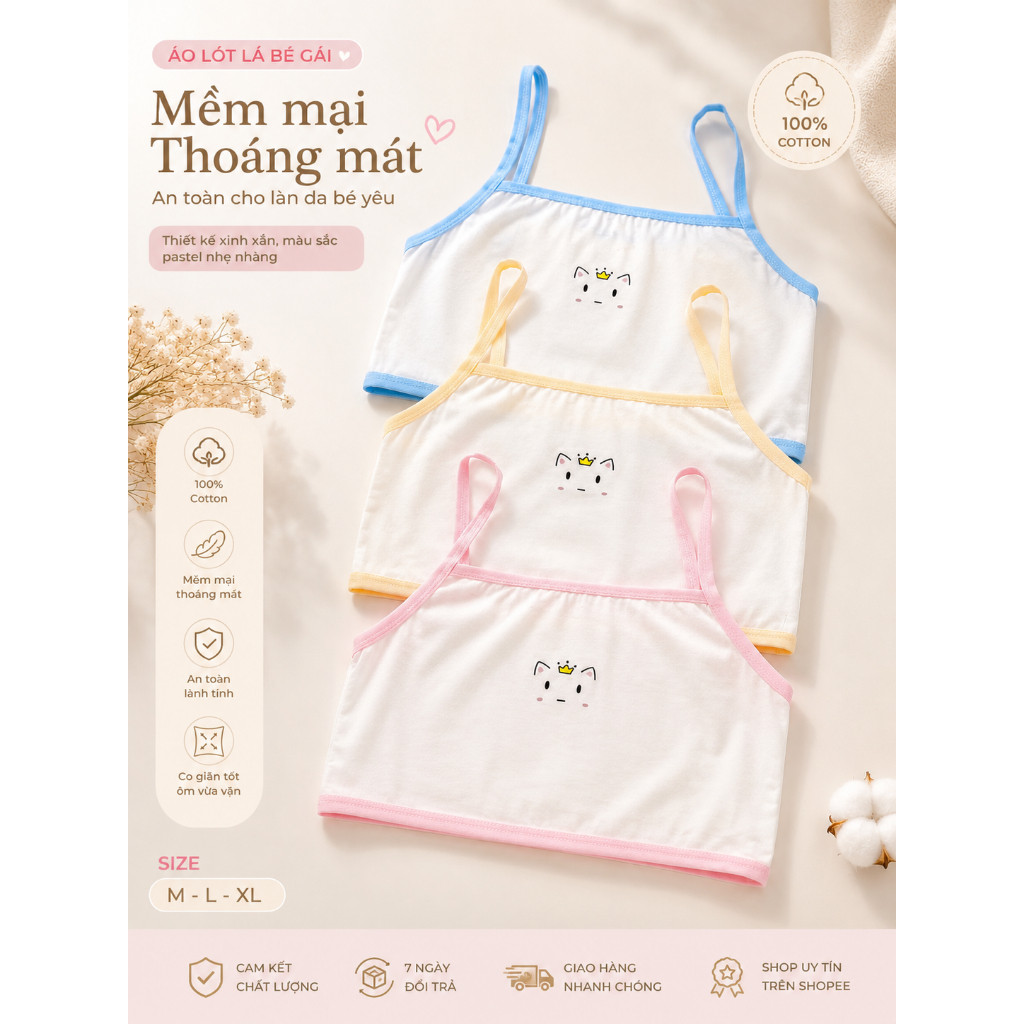 Áo Lá Bé Gái 100% Cotton Mềm Mại Thoáng Mát Dây Hai Quai Cho Bé Size M L XL