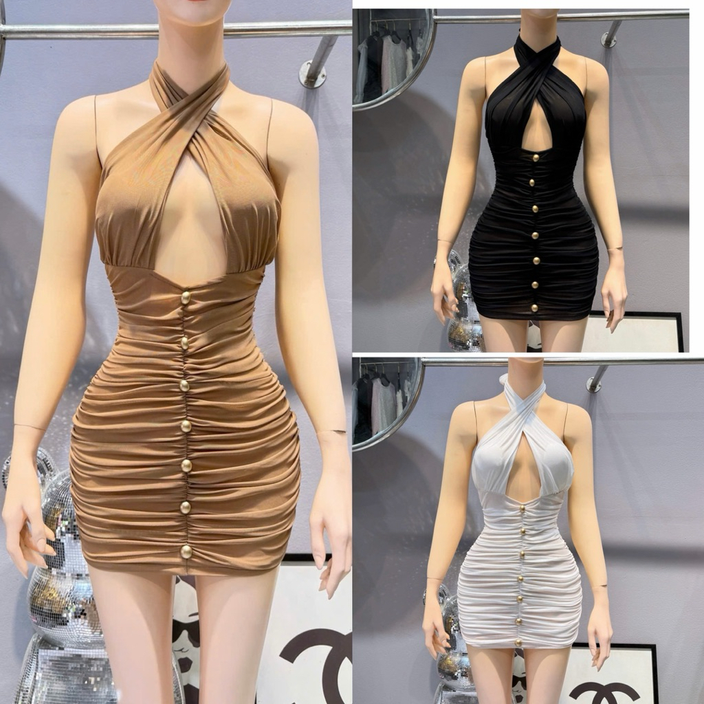 Váy body lưới khoét ngực đính khuy siu tôn dáng