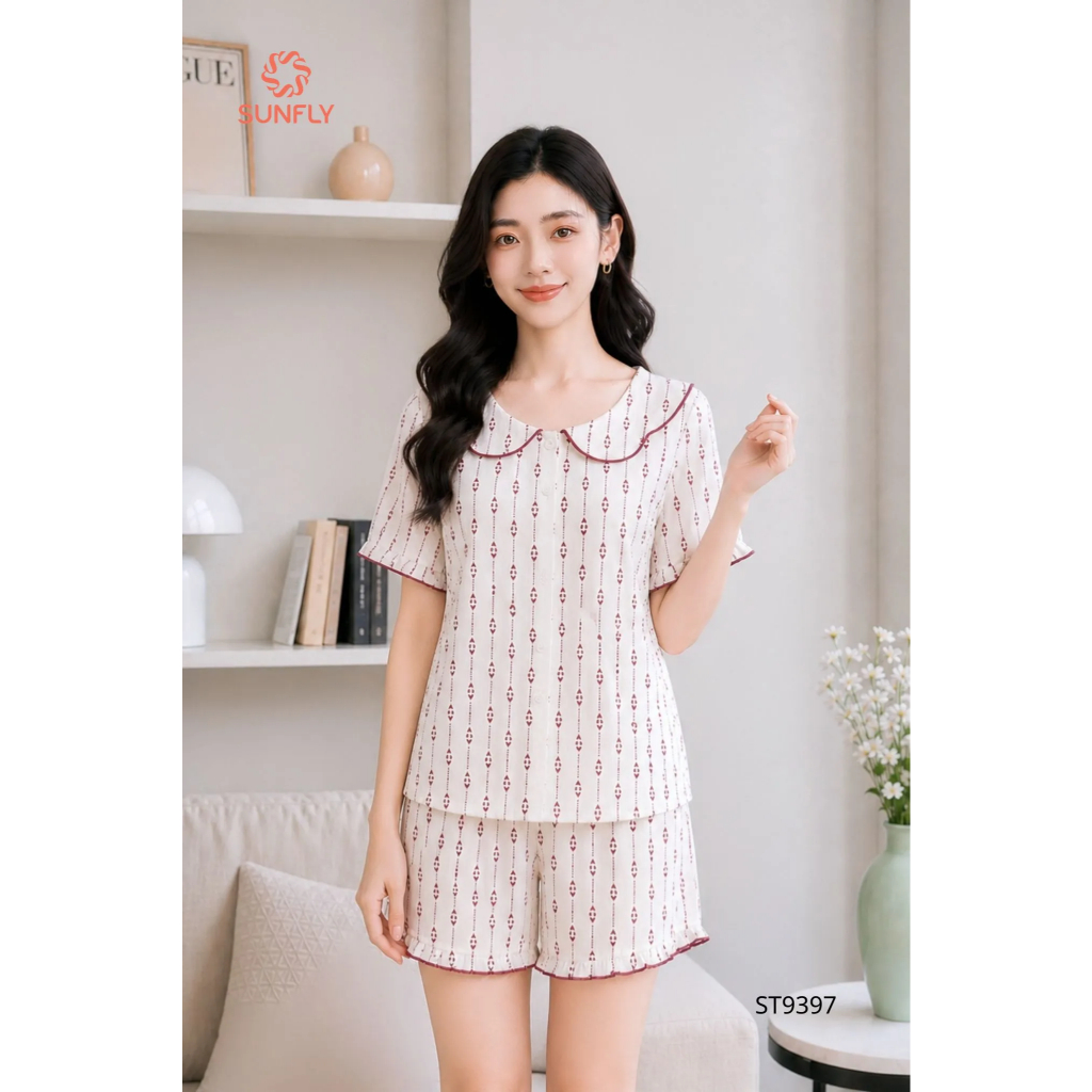 ST9397 Bộ pijama nữ đũi áo cộc quần sooc