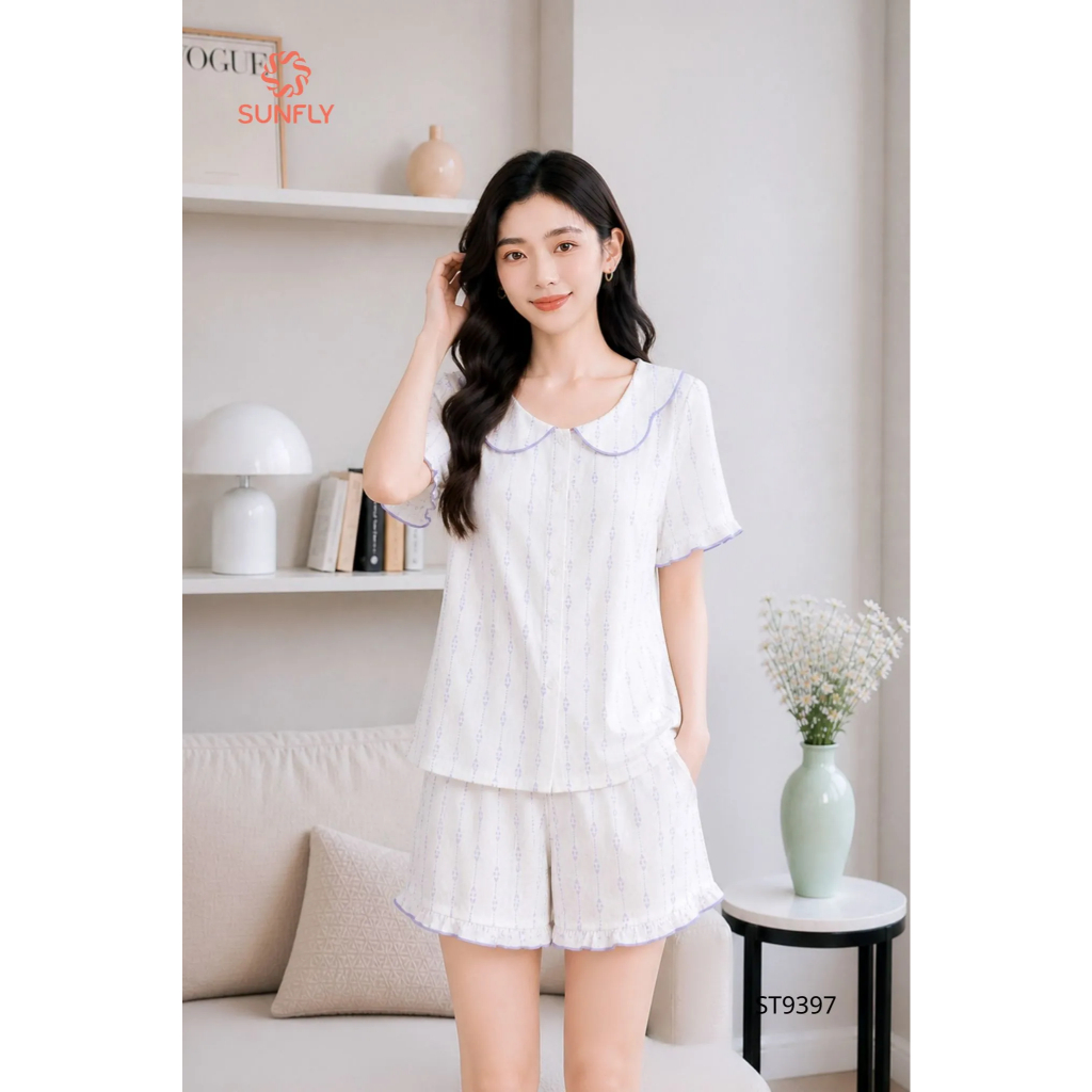 ST9397 Bộ pijama nữ đũi áo cộc quần sooc