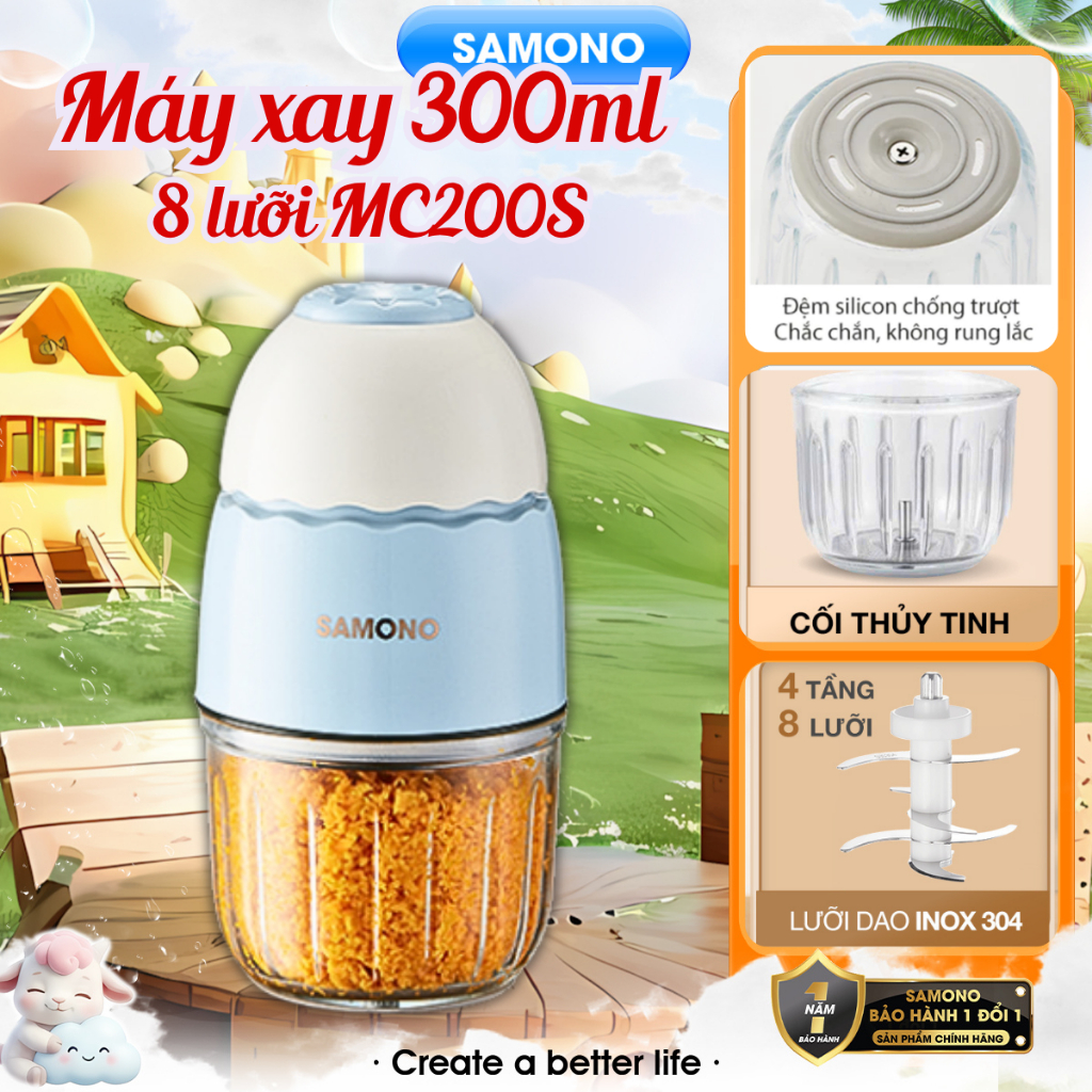 (Dao 8 lưỡi) Máy xay ăn dặm 0.3L Samono SW-MC200S cho bé, 200W, cối thủy tinh, xay thịt nhuyễn mịn