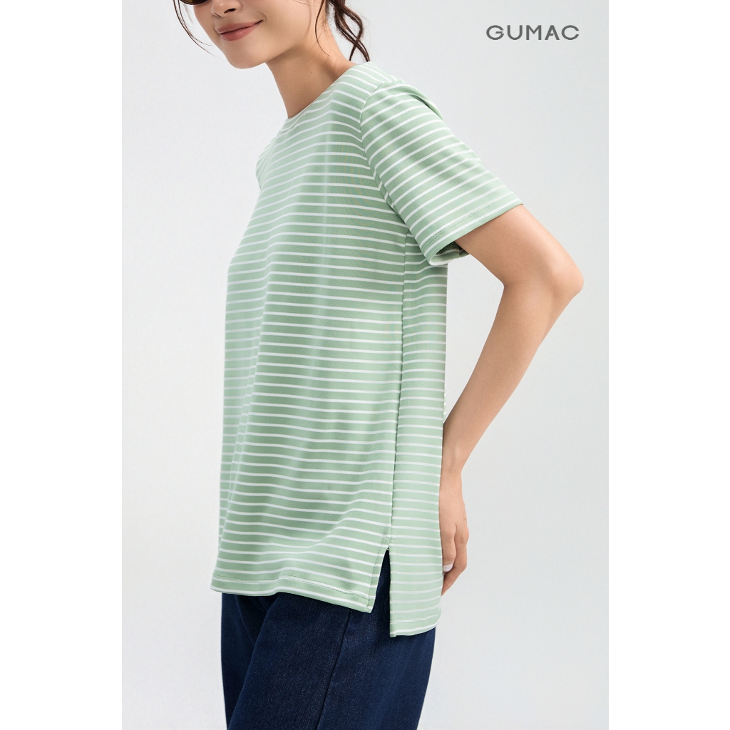 Áo Thun Nữ Tay Ngắn GUMAC Form Suông Cổ Tròn Xẻ Tà Phối Bo Dệt Thun Sọc Năng Động ATG05024