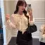 Áo blouse nữ bèo nhún cổ nơ họa tiết tim phong cách Hàn Quốc form rộng tiểu thư
