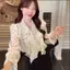 Áo blouse nữ bèo nhún cổ nơ họa tiết tim phong cách Hàn Quốc form rộng tiểu thư