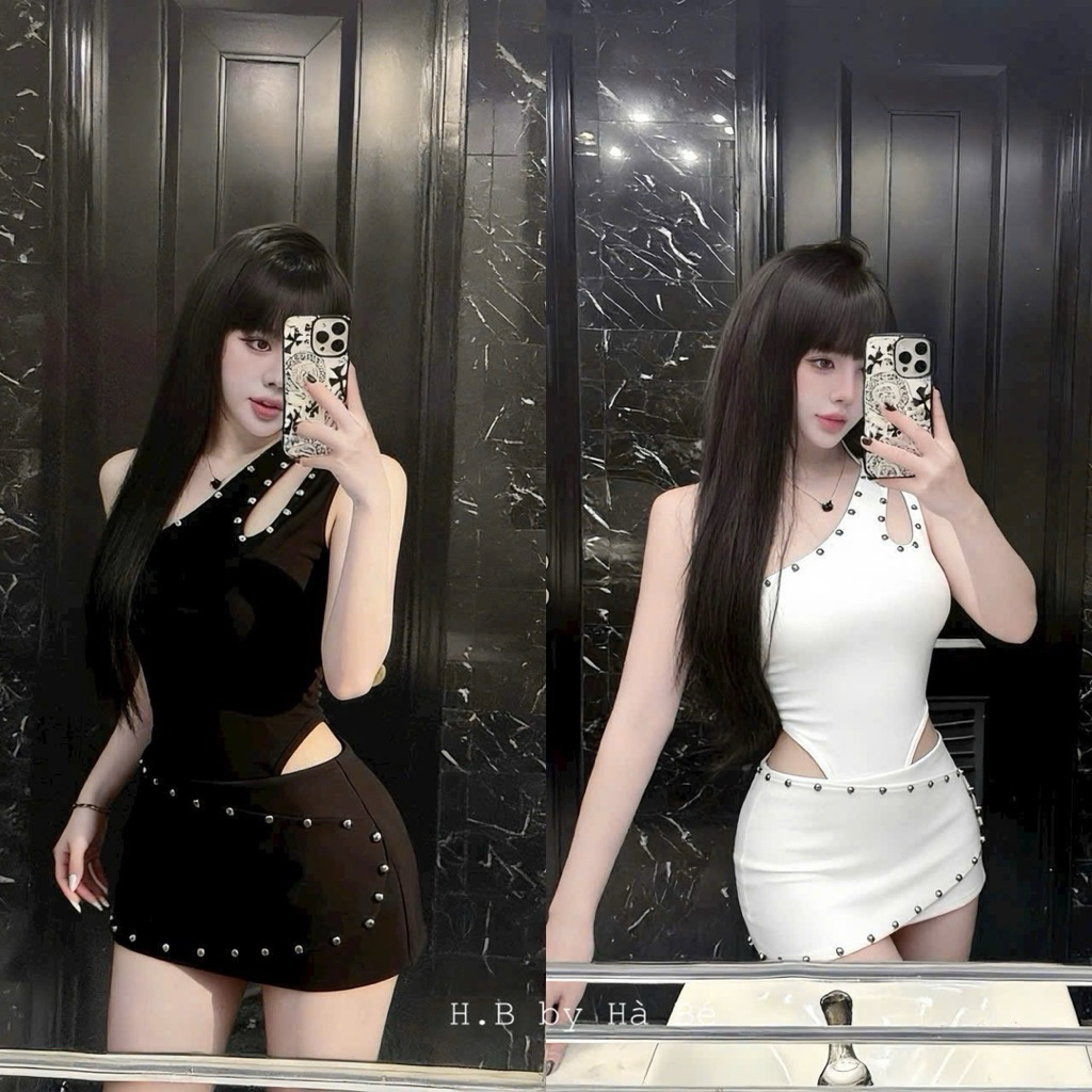 Set đầm lệch vai đinh cá tính nữ mix váy ôm diện bar dancer a33 d57