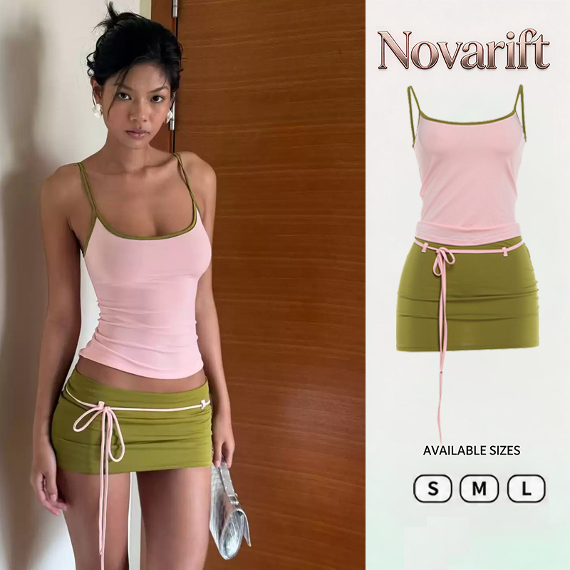 Nova-Set đồ nữ áo 2 dây dáng ôm + chân váy ngắn buộc dây – outfit tôn dáng mặc đi biển, du lịch, dạo phố sexy
