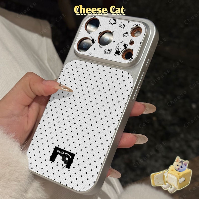Cửa Sổ Lớn 17 Pro Max Ốp điện thoại da đơn giản chấm đen Kitty cho iPhone 13 14 15 16 Plus 11 12 Pro Max Xs XR da trắng