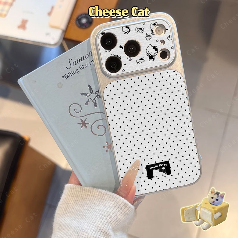 Cửa Sổ Lớn 17 Pro Max Ốp điện thoại da đơn giản chấm đen Kitty cho iPhone 13 14 15 16 Plus 11 12 Pro Max Xs XR da trắng