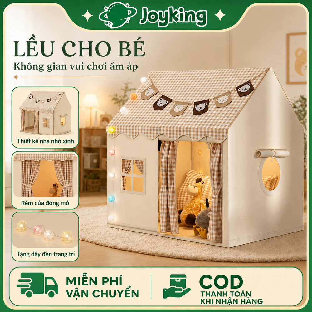 Lều Cho Bé Gái Bé Trai Cỡ Đại Đồ Chơi Trong Nhà Kèm Đèn Khung Kim Loại Vải Mềm Thoáng Khí Rộng Rãi