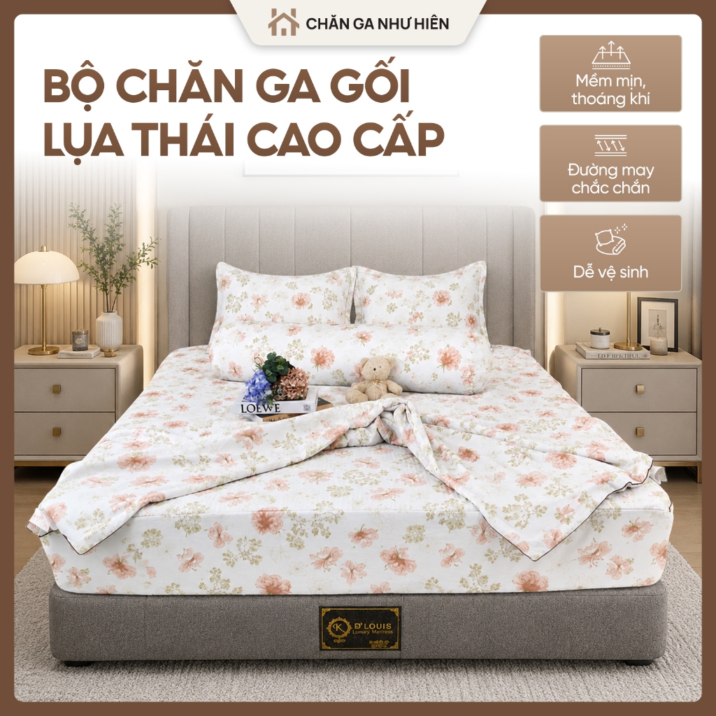 [NEW] Set Ga Gối Lụa Thái 5 Món Cao Cấp (Chăn Ga Vỏ Gối) – Ga Chun, Gối Ôm, Mềm Mượt, Mát Lạnh, Thoáng Khí