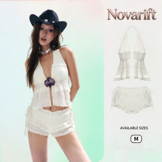Nova-Set áo cổ yếm hở lưng voan nhúng và quần short cột nơ tôn dáng,Set Đồ Bơi 2 Mảnh