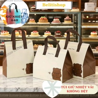 Túi Giữ Nhiệt Tái Chế T4 Size Lớn 30x30x20 đựng hộp bánh kem Bảo Quản Đồ Ăn Nước Uống Picnic Hình Gấu Dễ Thương