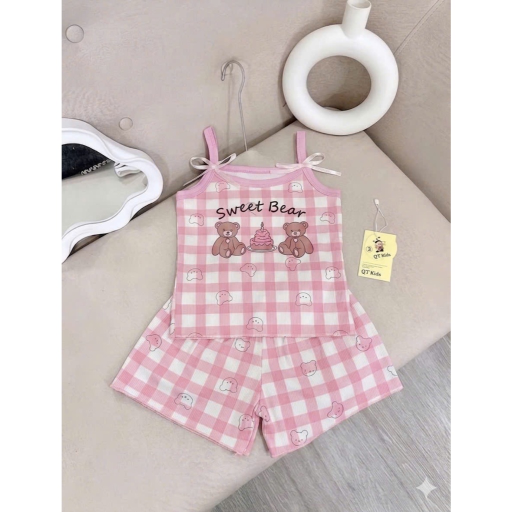 SÉT BỘ 2 DÂY IN HÌNH GẤU DỄ THƯƠNG CHO BÉ GÁI sz từ 9-22kg CHẤT LIỆU THUN TĂM MỀM MỊN THOÁNG MÁT