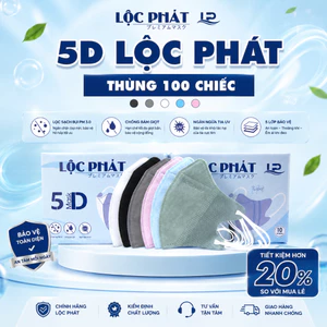 5D Lộc Phát - Thùng 100 Chiếc Khẩu Trang 3 Lớp Kháng Khuẩn Chống Bụi