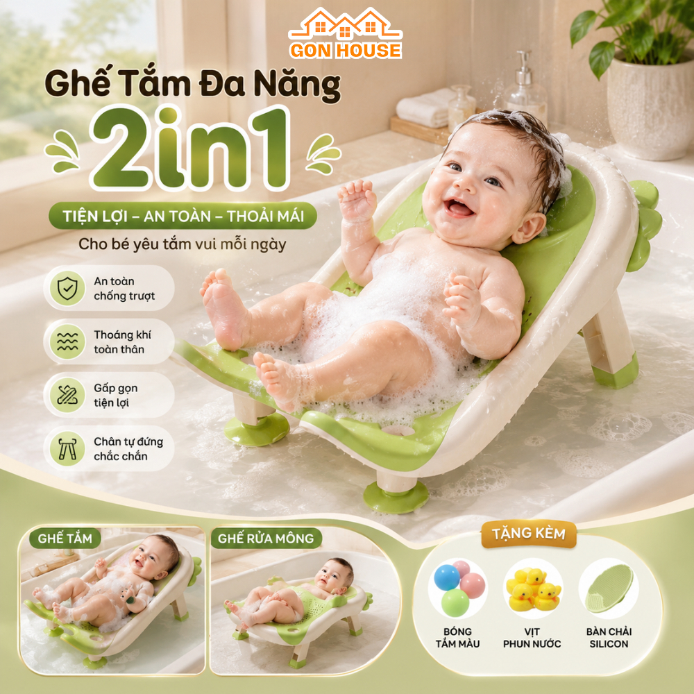 Ghế Tắm Đa Năng 2in1 GONHOUSE, Ghế Rửa Mông Sơ Sinh Có Chân Tự Đứng Gập Gọn, Chống Trượt, Thoáng Khí