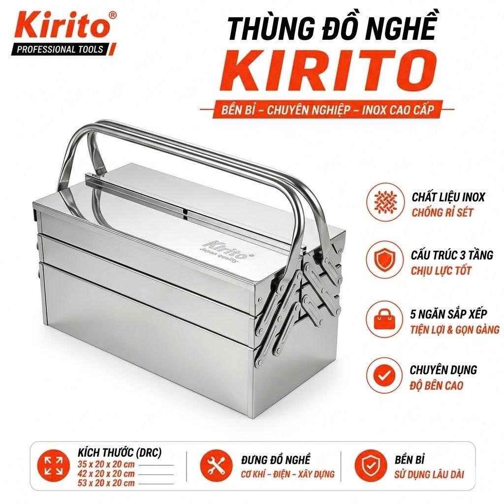 Kirito Thùng Đựng Đồ Nghề Inox 3 Tầng 5 Ngăn (Inox 201 / Inox 304)