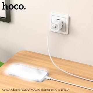 Bộ sạc Hoco C147A Cổng TypeC to LaiNing PD 20W và USB QC3.0 18W, chân tròn EU (Trắng) - Phụ Kiện Nhất Tín