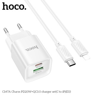 Bộ sạc Hoco C147A Cổng TypeC to LaiNing PD 20W và USB QC3.0 18W, chân tròn EU (Trắng) - Phụ Kiện Nhất Tín