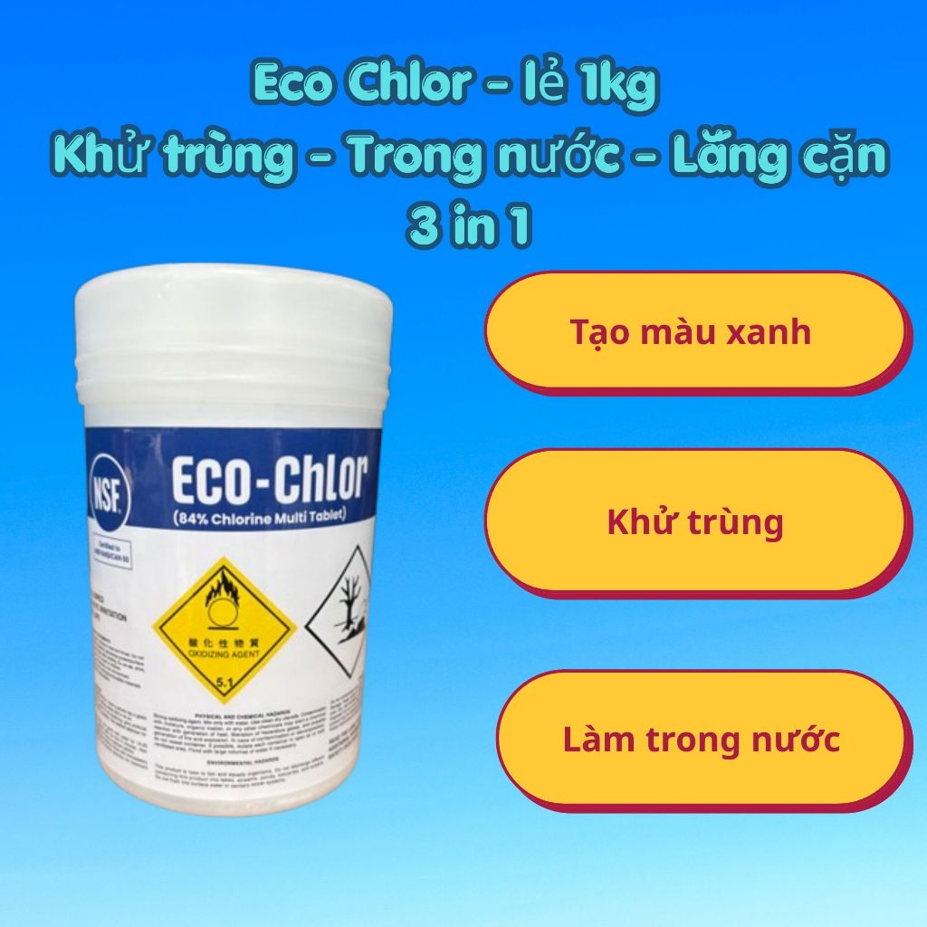 [HỘP 1KG] Eco Chlor Loại Mới 3 In 1 TCCA Clo viên 200g - Chlorine 84% Clo bể bơi,diệt rêu tảo,trợ lắng,làm trong nước