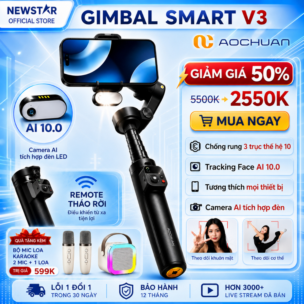 Gimbal Smart V3 Pro điện thoại bản 2026 Aochuan tích hợp sạc không dây ...