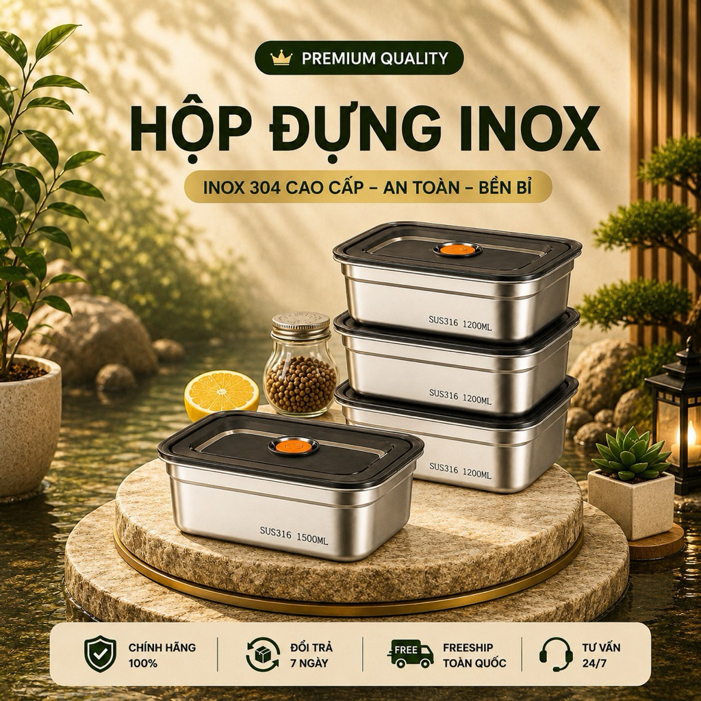 Hộp Đựng Thực Phẩm Inox 304 Cao Cấp Chống Gỉ Giữ Đồ Ăn Tươi Ngon Dung Tích 1500ml
