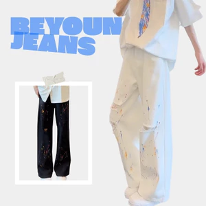 Quần jean ống thẳng rộng unisex họa tiết phun sơn màu nghệ thuật đường phố rách lỗ bất quy tắc có 2 màu đen trắng độc đá