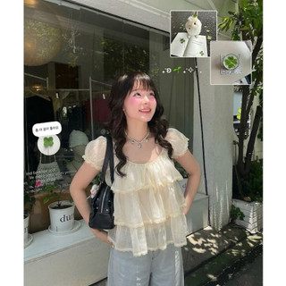 Áo kiểu nữ dáng xuông bèo tầng phối ren, Áo babydoll cổ U voan tơ thắt nơ tay bồng