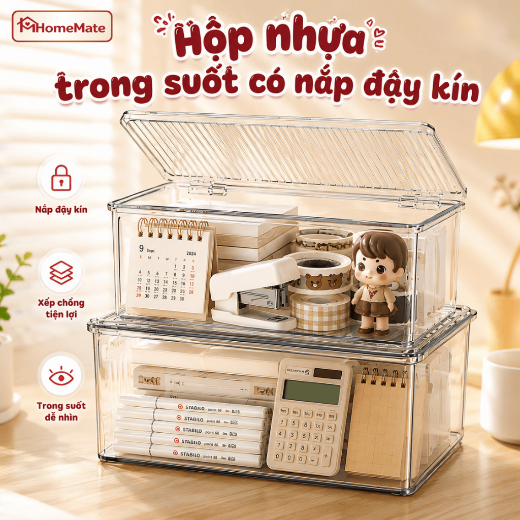 Hộp Nhựa Trong Suốt Có Nắp Đậy Kín HomeMate – Hộp Lưu Trữ Đồ Bàn Làm Việc Đa Năng, Xếp Chồng Tiết Kiệm Diện Tích