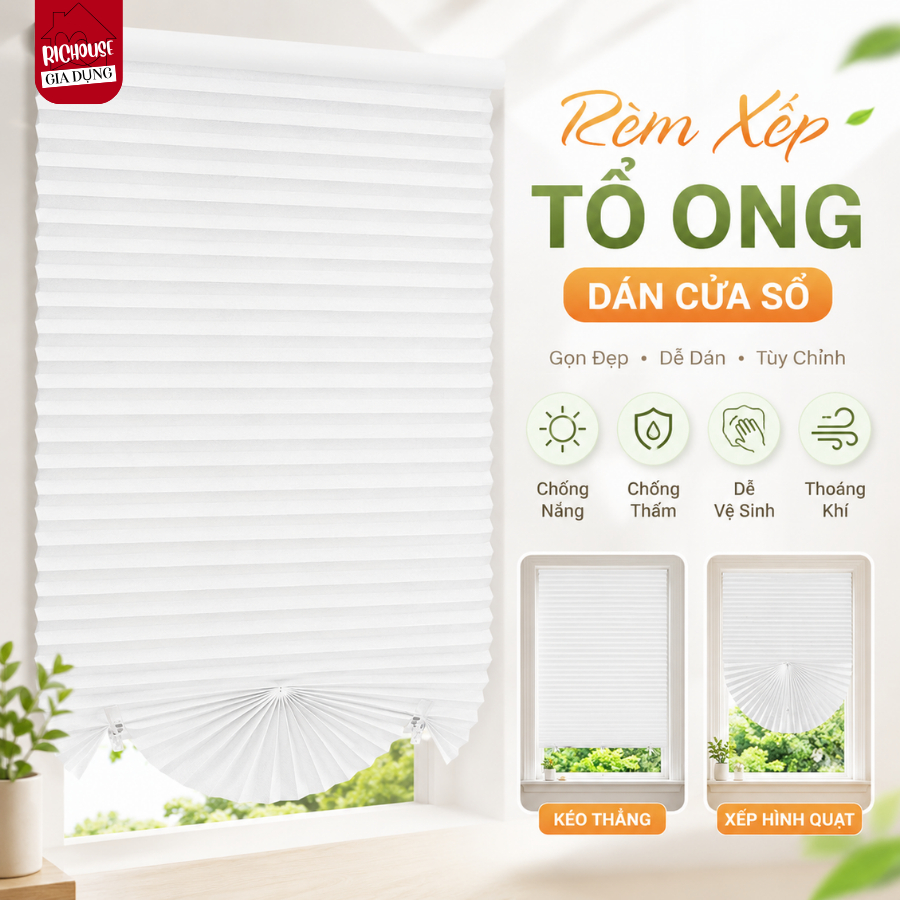 Rèm Tổ Ong Cách Nhiệt Cao Cấp, Rèm Xếp Ly Dán Kính Chống Nắng, Chống Nước, Dễ Lắp Đặt