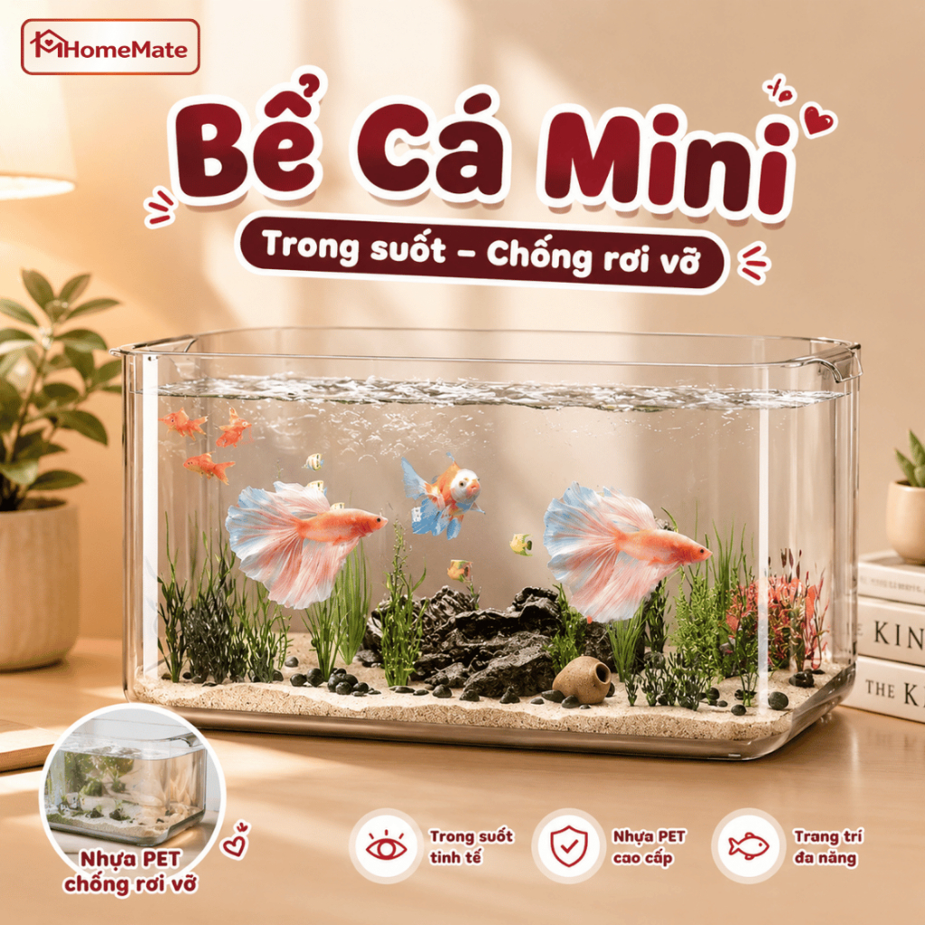 Bể Cá Mini Trong Suốt HomeMate – Bể Cá Nhựa PET Chống Rơi Vỡ, Decor Bàn Làm Việc & Phòng Khách