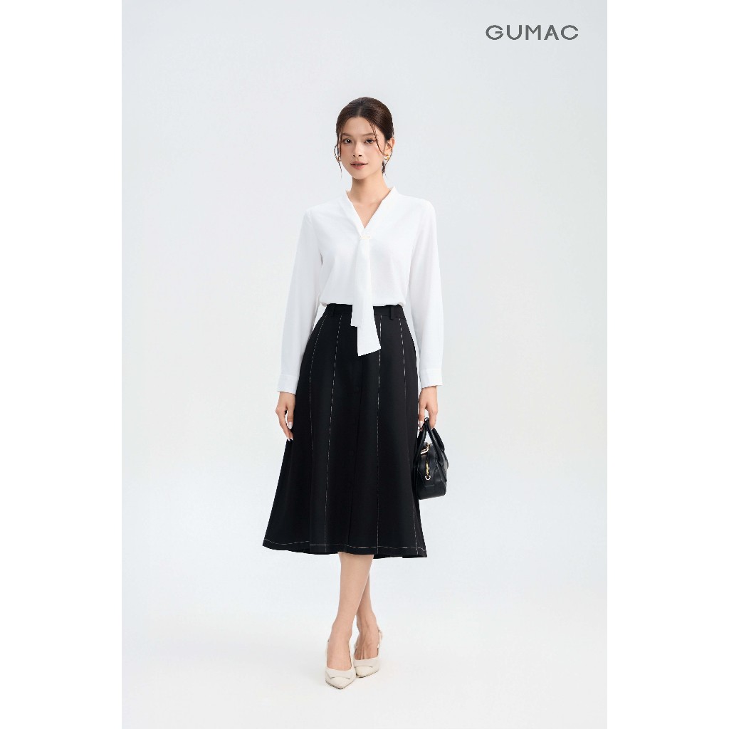Áo Kiểu Nữ Tay Dài GUMAC Form Suông Cổ V Kèm Dây Nơ Có Tag Logo Trang Trí Chất Lụa Xẹc Mềm Thoải Mái AG04063