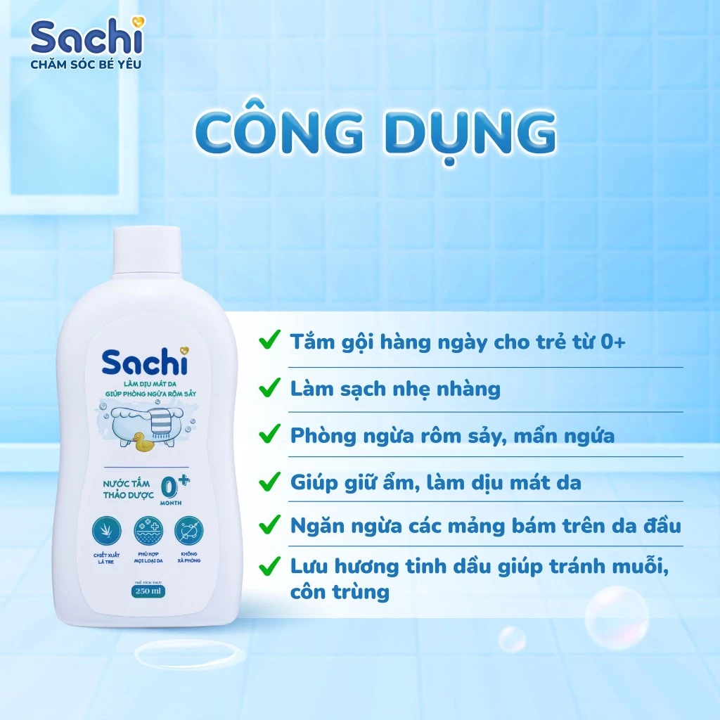 Nước tắm thảo dược Sachi 500ml cho bé - Làm sạch dịu nhẹ, ngăn ngừa rôm sảy, mẩn ngứa và mảng bám da đầu