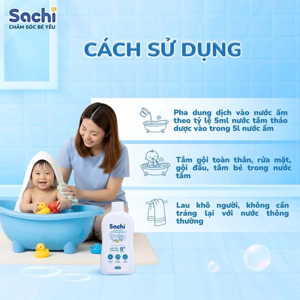 Nước tắm thảo dược Sachi 500ml cho bé - Làm sạch dịu nhẹ, ngăn ngừa rôm sảy, mẩn ngứa và mảng bám da đầu