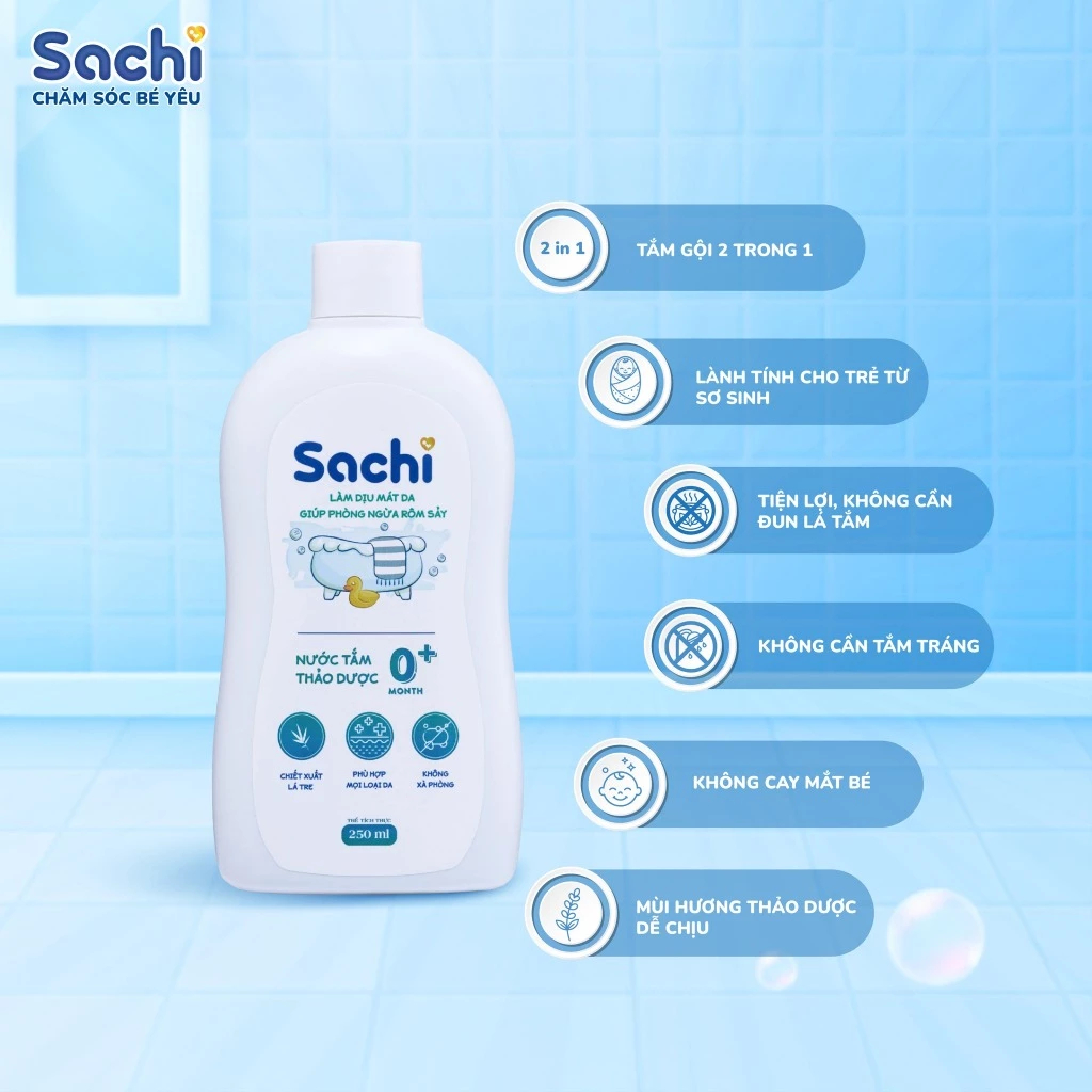 Nước tắm thảo dược Sachi 500ml cho bé - Làm sạch dịu nhẹ, ngăn ngừa rôm sảy, mẩn ngứa và mảng bám da đầu