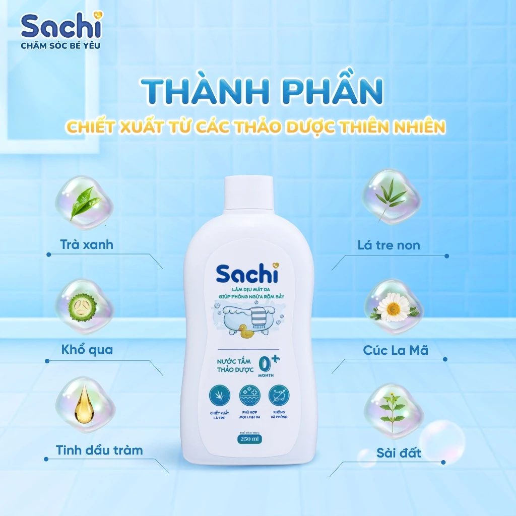 Nước tắm thảo dược Sachi 500ml cho bé - Làm sạch dịu nhẹ, ngăn ngừa rôm sảy, mẩn ngứa và mảng bám da đầu