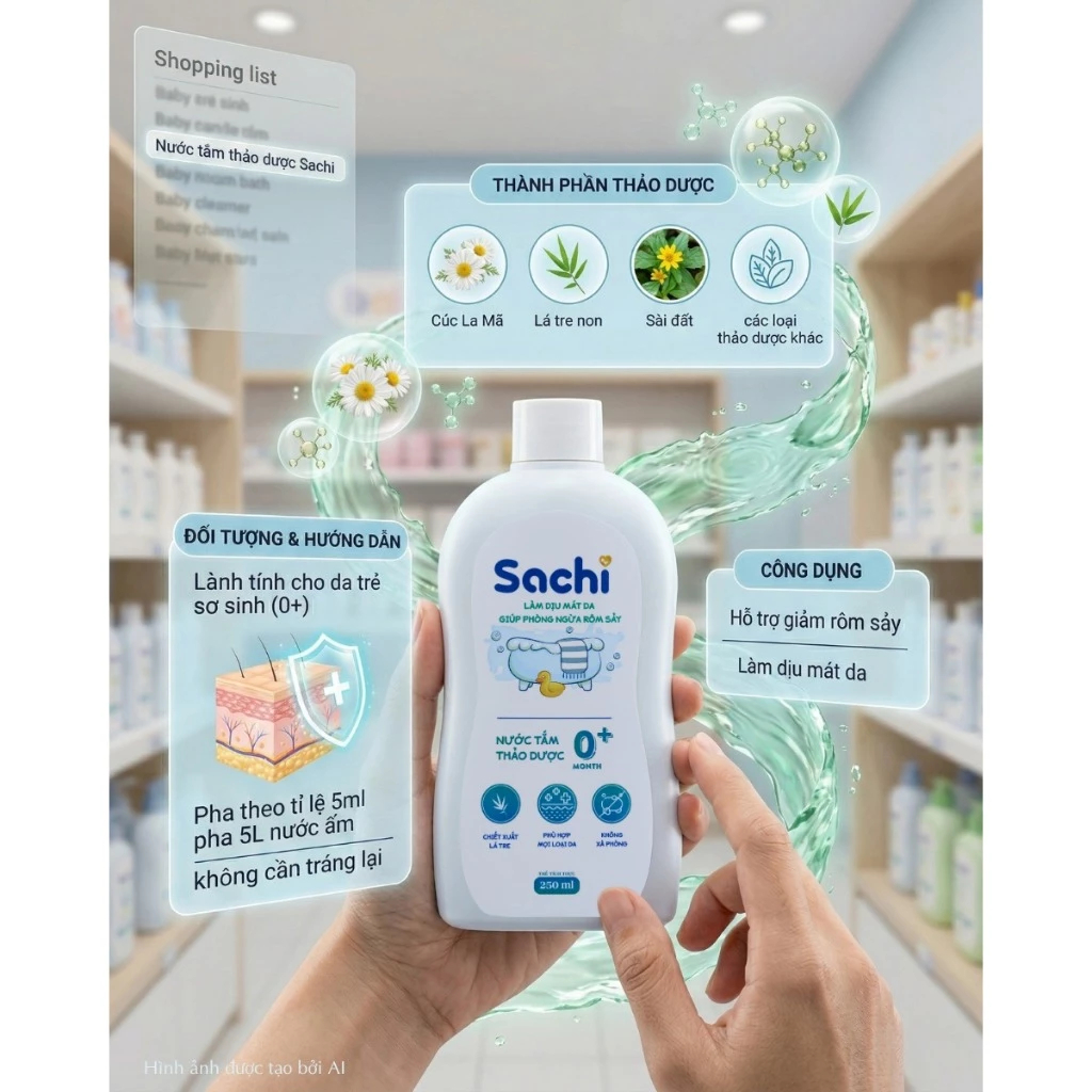 Nước tắm thảo dược Sachi 500ml cho bé - Làm sạch dịu nhẹ, ngăn ngừa rôm sảy, mẩn ngứa và mảng bám da đầu