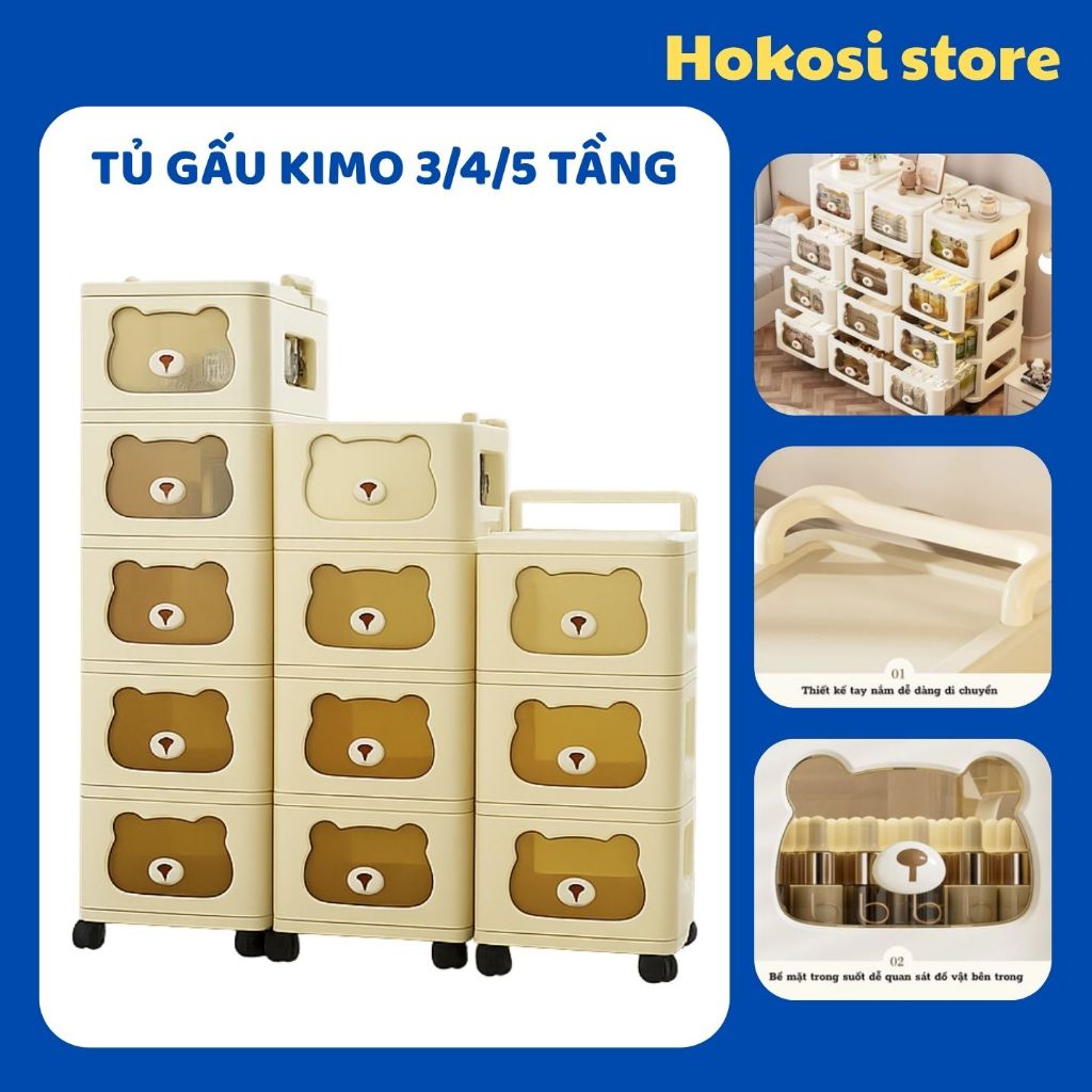 Kệ Gấu KIMO Đựng Đồ Đa Năng 3/4/5 Tầng Có Bánh Xe 360 độ, Tủ Gấu Nhiều Ngăn Đựng Bỉm Sữa Quần Áo Cho Bé