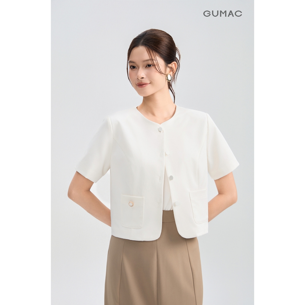 Áo Khoác Blazer GUMAC Form Lửng Tay Ngắn Nút Bọc Thanh Lịch OWG05056