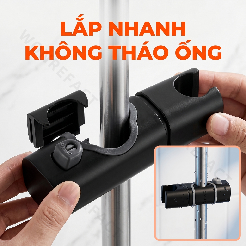 Giá Đỡ Vòi Sen Trượt Không Cần Tháo Dỡ Lắp Đặt 1 Giây Xoay 75 Độ Nhựa ABS Cao Cấp Phù Hợp Thanh Trượt Phi 20-25mm Đen