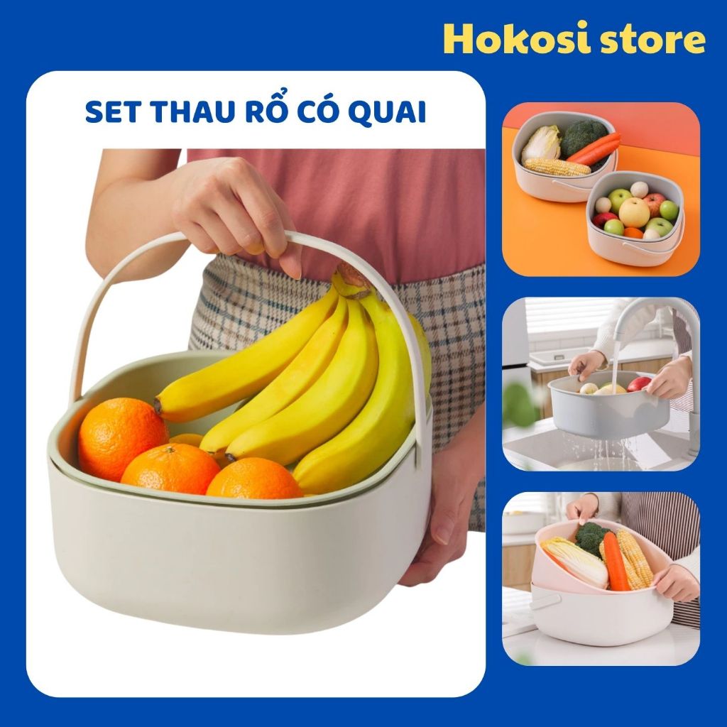 Bộ Thau Rổ Có Quai Xách Cao Cấp Đa Năng Tiện Lợi, Bộ Rổ Kèm Thau Đựng Rửa Rau Củ Quả An Toàn Vệ Sinh