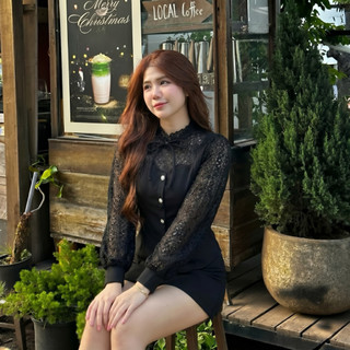 (ÁO CÔNG SỞ NỮ )Áo Sơ Mi Nữ Đen Phối Ren Cổ Nơ Thanh Lịch Tôn Dáng - Áo Công Sở Tay Dài Tiểu Thư Hàn Quốc Cao Cấp 610