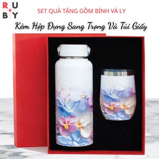 Sét Quà Tặng Tri Ân, Bộ Bình Cốc Giữ Nhiệt Hương Sắc Ruby Tinh Tế Kèm Hộp Và Túi Xách