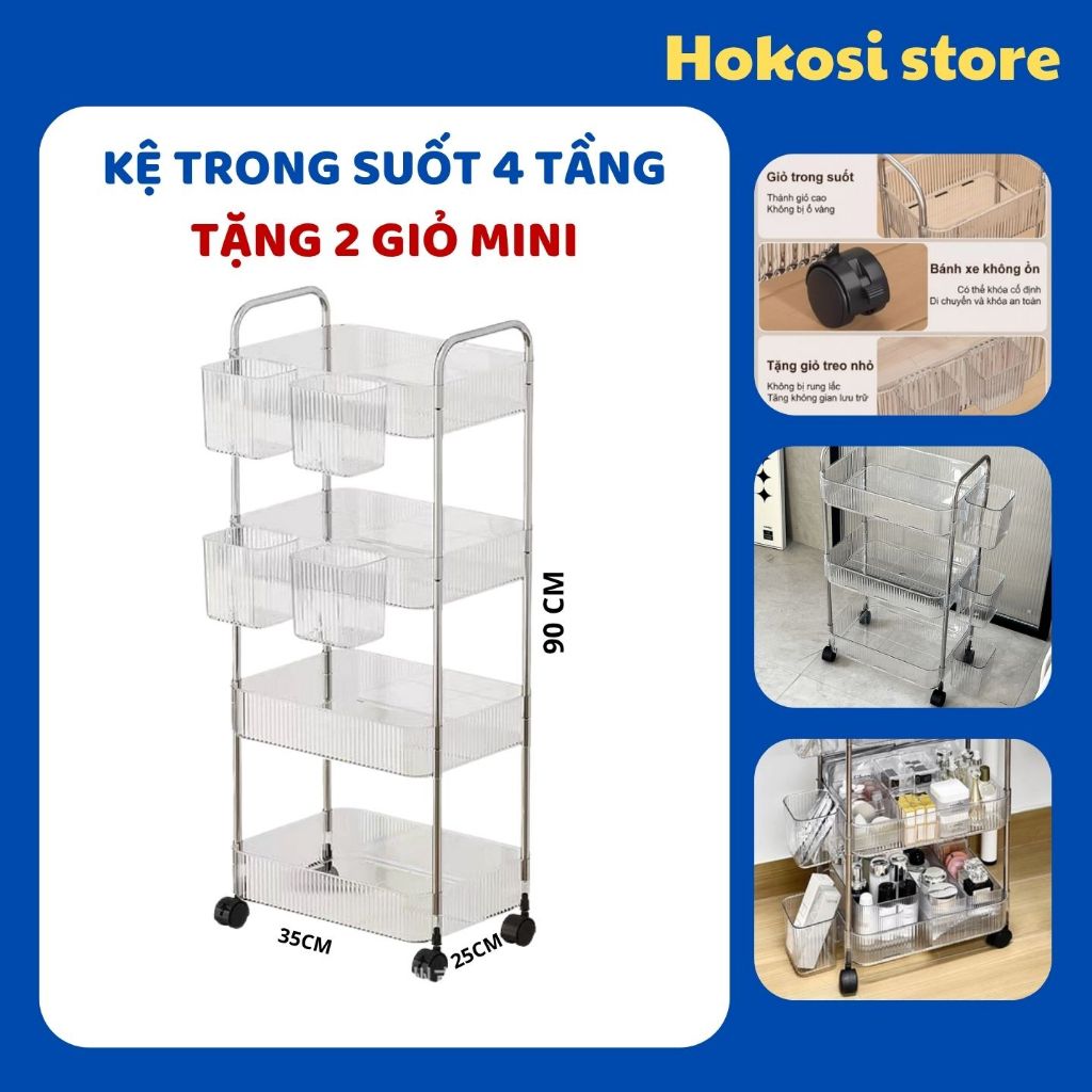 Kệ Nhựa Trong Suốt 3/4 Tầng, Kệ Spa Đa Năng, Giá Đựng Đồ Trong Suốt Có Bánh Xe, Kệ Xe Đẩy Cao Cấp