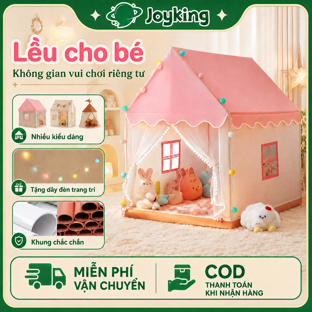 Lều Cho Bé Hình Ngôi Nhà An Toàn Cỡ Đại - Lều Công Chúa Hoàng Tử Khung Kim Loại Tặng Kèm Đèn Trang Trí Dễ Lắp Đặt