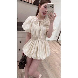 Váy Tay Bồng Ngắn Cúc Bọc Dúm Eo Chun Hồng Be Nâu LILI